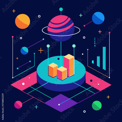 Abstract cosmic data visualization with planets and bar charts