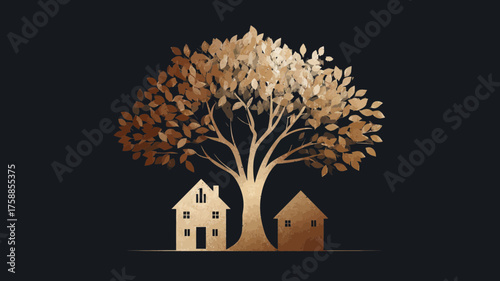 Elegant golden tree with two houses illustration. Symbolic concept of home, nature, growth, stability, and real estate on a dark background.