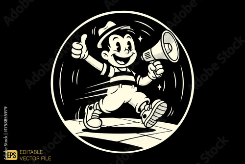 Retro Cartoon Boy with Megaphone Giving Thumbs Up.