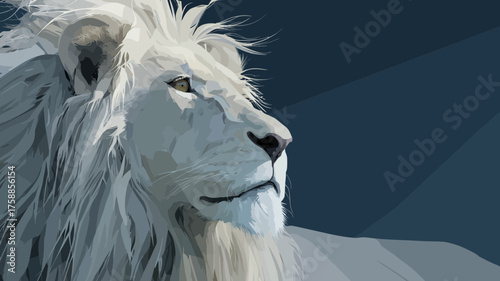 Elegant digital art portrait of a majestic white lion with a flowing mane, featuring a powerful and regal wildlife illustration in cool tones
