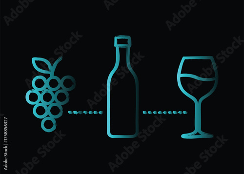 Neon glow of wine bottle grapes and glass for elegant bar or restaurant ambiance vector