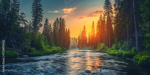 Dramatic forest river at sunset nature landscape