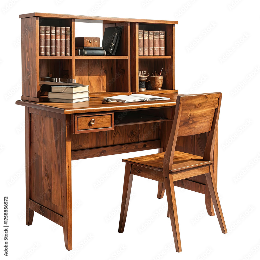 Fototapeta premium A wooden desk with a hutch and chair, furnished with books and stationery