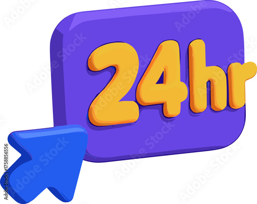 A colorful 3D-style purple square icon with bold yellow “24hr” text and a blue arrow, symbolizing around-the-clock service or availability.