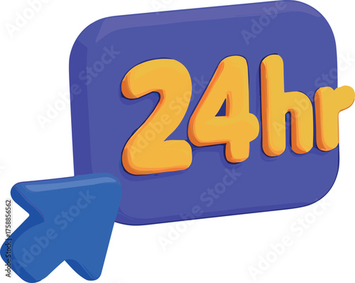 A colorful 3D-style purple square icon with bold yellow “24hr” text and a blue arrow, symbolizing around-the-clock service or availability.