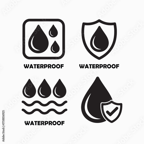 Waterproof Icons Set With Drops and Shields illustration