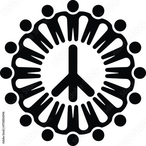Diverse group of people holding hands in a circle around a peace symbol
