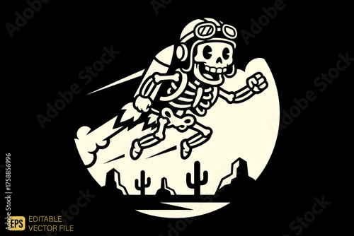 Cartoon Skeleton with Jetpack Flying Over Desert Landscape.