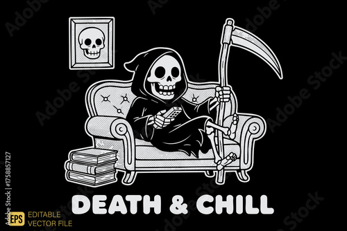 Grim Reaper Relaxing on Couch with Books and Scythe.