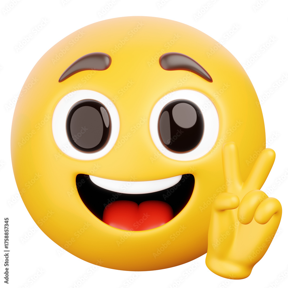 Fototapeta premium Happy Yellow Emoji Face Showing Peace Sign With Big Smile And Eyes Open On Transparent Background