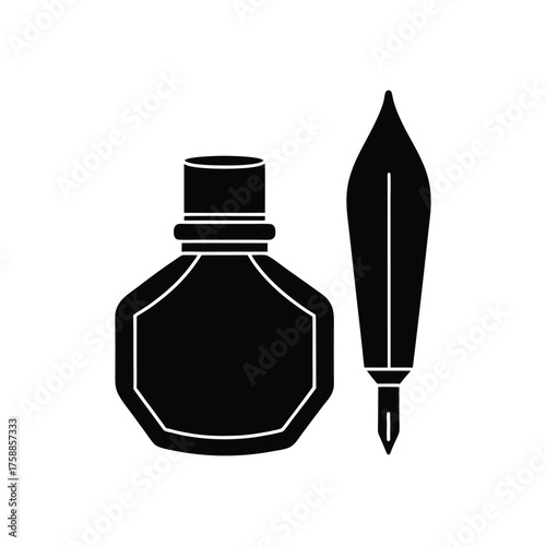 ink bottle and pen nib vector silhouette art illustration