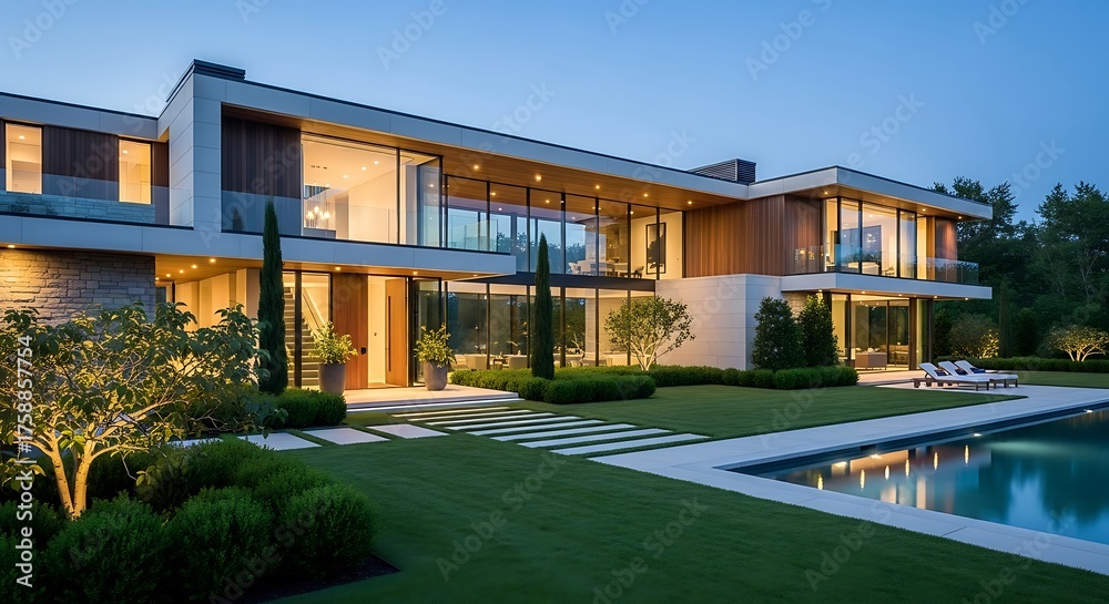 Fototapeta premium A modern, luxurious home with a sleek design and beautifully landscaped gardens, bathed in the soft glow of twilight, features a large, inviting pool.