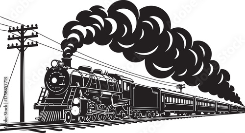 Monochrome classic steam engine train with carriages billowing smoke industrial transportation scene vector