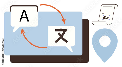 Text bubbles with arrows illustrate language translation. Includes signed document and location marker. Ideal for communication, globalization, linguistics, travel, transcription, education, digital