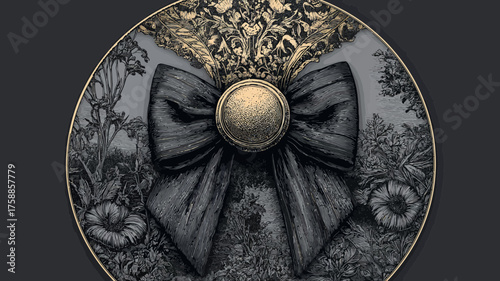 Elegant vintage botanical illustration with a dark decorative bow and golden button, intricate floral engraving art in a circular frame