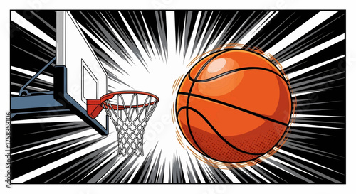 Pop art comic style basketball illustration with sports energy, game competition, victory, and success