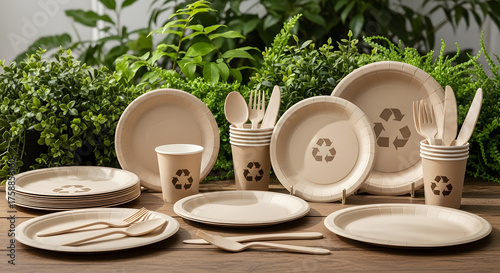 Sustainable picnic setup for eco conscious gatherings with biodegradable plates, cups, and cutlery surrounded by lush green foliage, perfect for earth friendly events