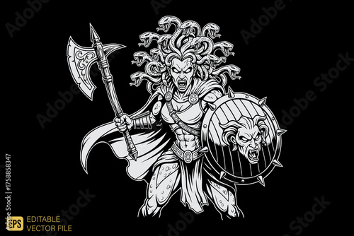 Furious Medusa Warrior with Axe and Shield in Monochromatic Styl