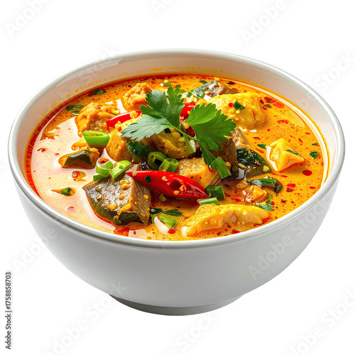 Creamy soup with vegetables and tofu in a white bowl, garnished with herbs