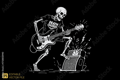 Skeleton Rocker Playing Electric Guitar with Amplifier.