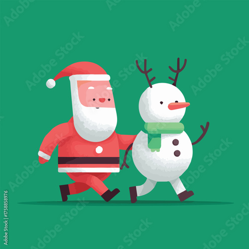 Christmas cartoon characters walking together, fun modern art mascot illustration with santa, snowman reindeer
