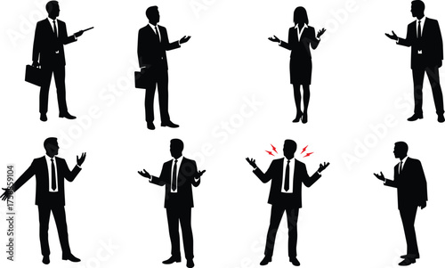 Business silhouette expressions, emotional posture, corporate stress, confident gestures, communication poses, professional stance, office body language, flat vector illustration