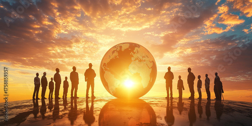 Labor Day unity with workers standing around globe and sunrise glow