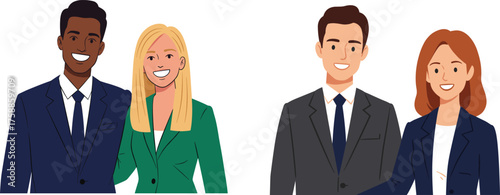 Professional business partners smiling confidently in formal attire representing teamwork, success, and collaboration in modern corporate environment illustration