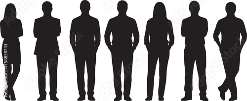 Diverse Business Team Silhouette Standing Together in Black and White on Transparent Background