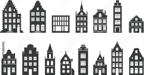 Black and white European architecture silhouettes, historic and modern building vector icons set, Amsterdam and Gothic style facades illustration