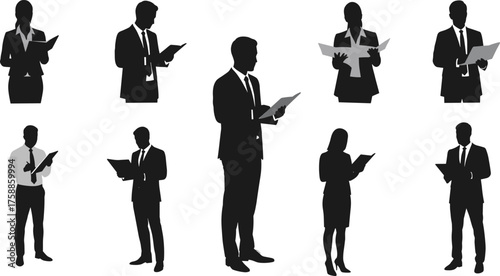 Silhouette Business Professionals Reading Documents and Reports in Corporate Office Environment with Formal Attire and Focus