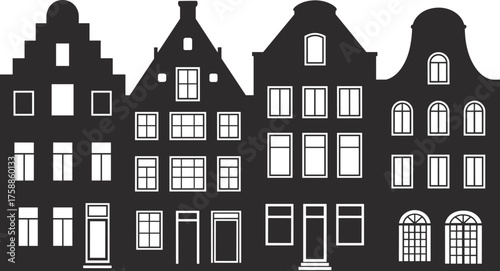 Black and white silhouette of traditional Amsterdam canal houses, minimalist Dutch architecture vector illustration, European city skyline design