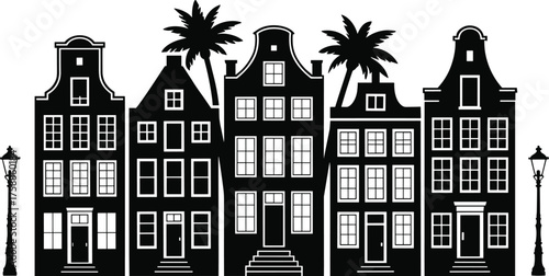 Black and white tropical Amsterdam canal houses silhouette with palm trees and street lamps in minimalist Dutch architecture vector design