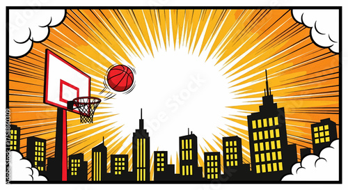 A dynamic pop art basketball sports illustration showing game competition, comic style victory and success