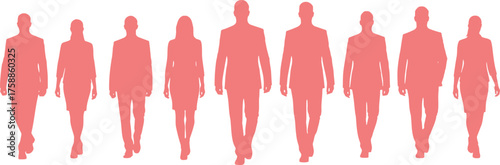 Diverse Team Walking Forward, Business People Silhouette in Salmon Pink on Transparent Background