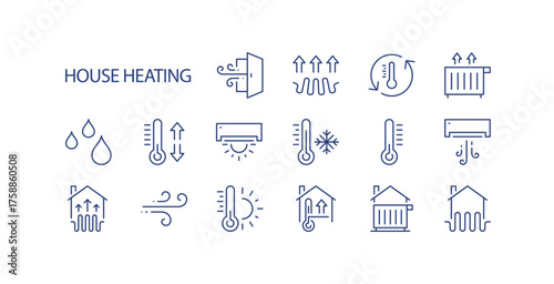 House heating and air conditioning icons set, line art style collection of climate control, temperature regulation, ventilation, radiator, thermostat and energy efficiency symbols vector illustration.