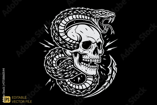 Intricate Skull and Serpent Tattoo Design in Black and White.