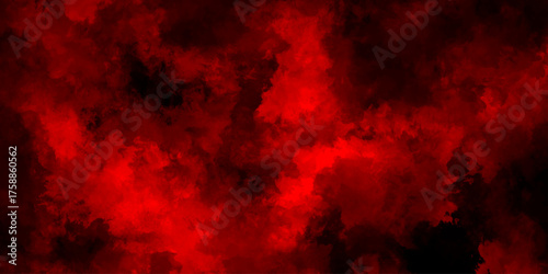A dark dramatic background with intense red and black smoke-like clouds, creating a fiery, atmospheric effect. red grange powder explosion cloud on black background. red scary horror movie background.