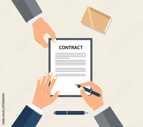 Overhead shot of hands signing a contract with a pen, with an envelope and another pen nearby isolated on white background
