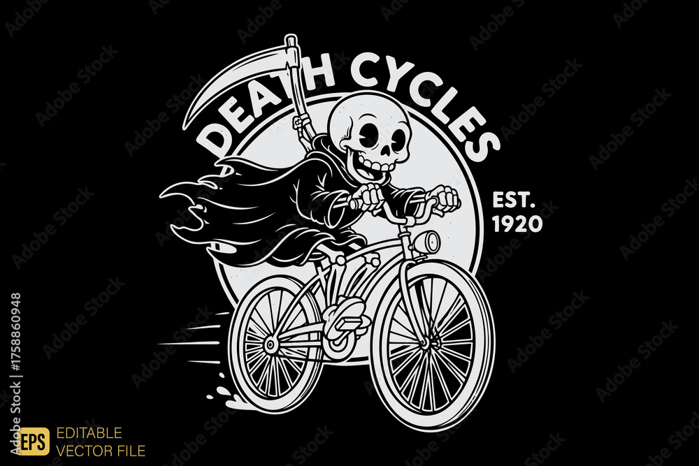 Fototapeta premium Grim Reaper Riding Bicycle Death Cycles Est 1920.