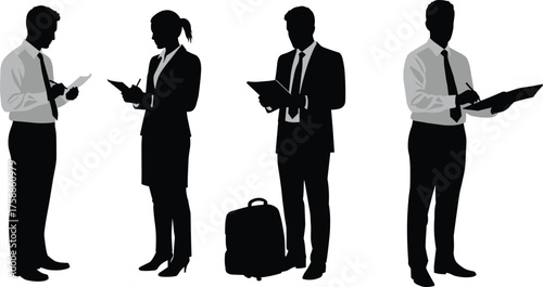 Business professionals silhouettes, document review, clipboard writing, formal attire, office posture, workplace routine, reading paperwork, corporate task, productivity, analysis