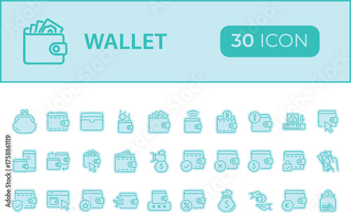 Collection of wallet and money icons isolated on transparent background