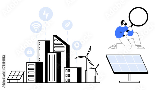 Urban skyline with wind turbines, solar panels, energy icons, and man analyzing data. Ideal for sustainability, renewable energy, technology, smart cities, eco-friendly design future innovation