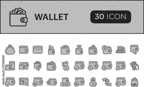 Collection of wallet icons isolated on transparent background