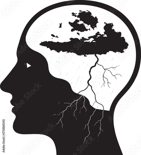 Mental health Black silhouette of a human head profile with storm clouds and lightning inside head silhouette