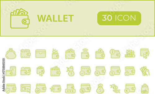 Collection of financial icons and wallet symbol isolated on transparent background