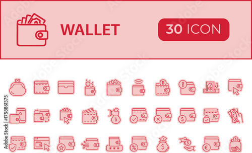 Collection of wallet icons isolated on transparent background