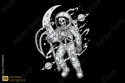 Astronaut Skeleton with Scythe in Space.