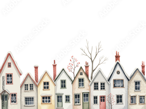 Charming row of watercolor houses with autumn trees and white background