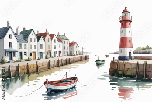 Charming coastal village with a red and white lighthouse and boats